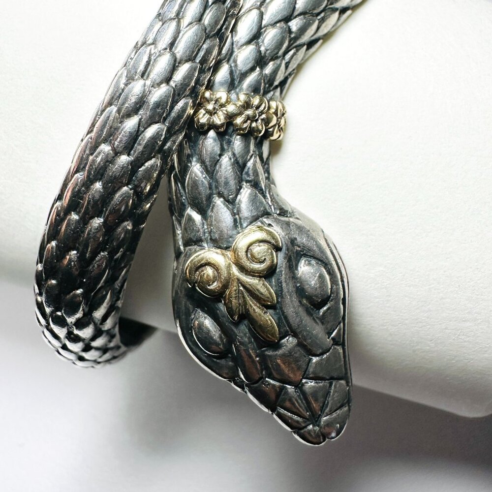 925 Sterling Silver Snake Bangle Bracelet with 1g 18K Yellow Gold Details